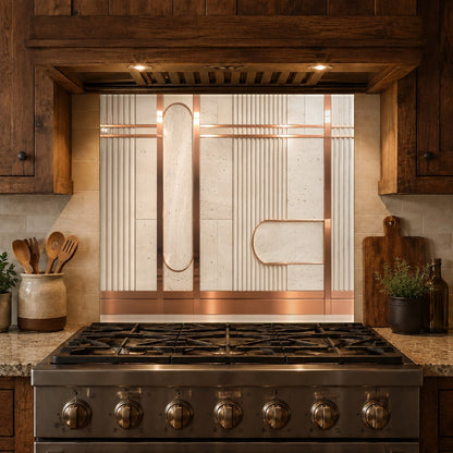 Modern kitchen interior design featuring a glossy copper line glass backsplash