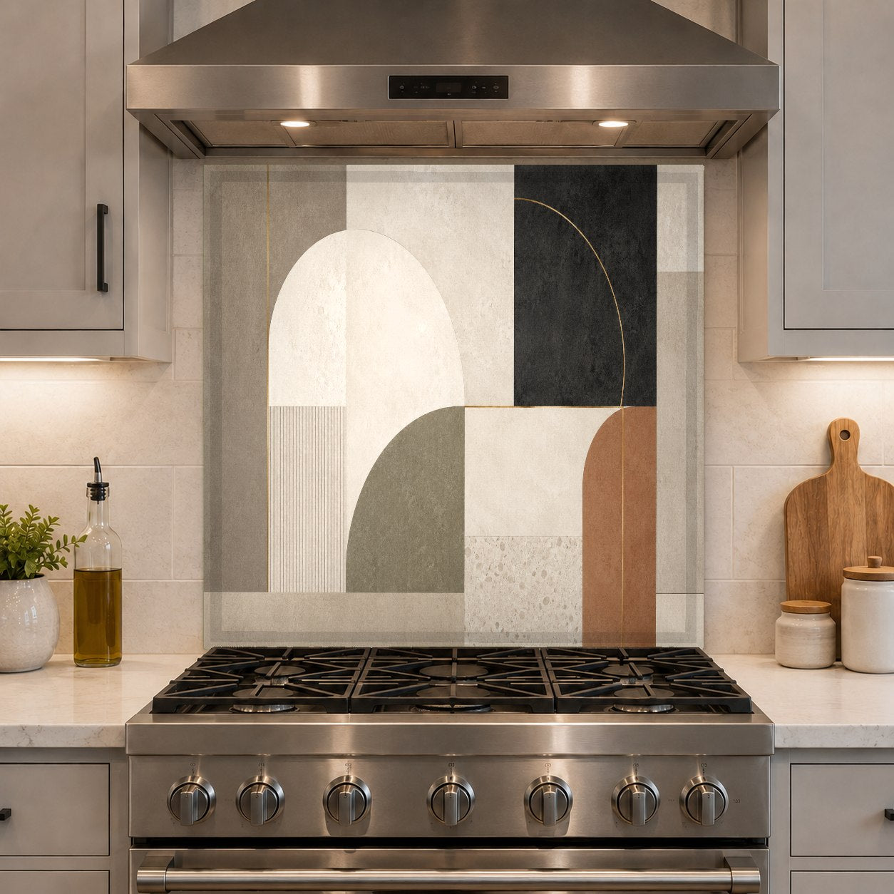 Close-up of the vibrant Urban Geometry print on heat-resistant kitchen glass