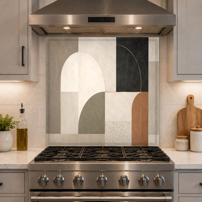 Close-up of the vibrant Urban Geometry print on heat-resistant kitchen glass