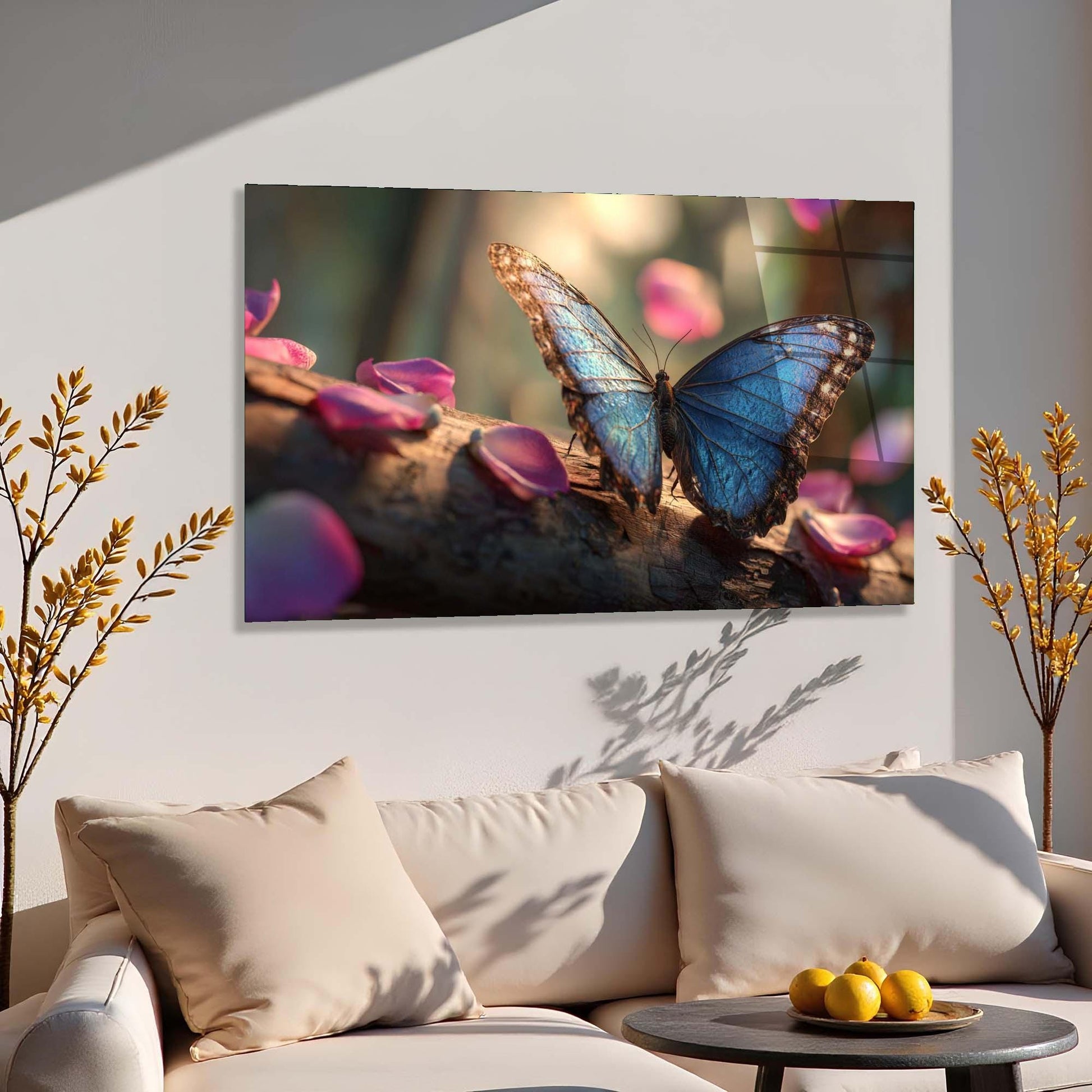Blue butterfly on a floral arrangement in a living room setting