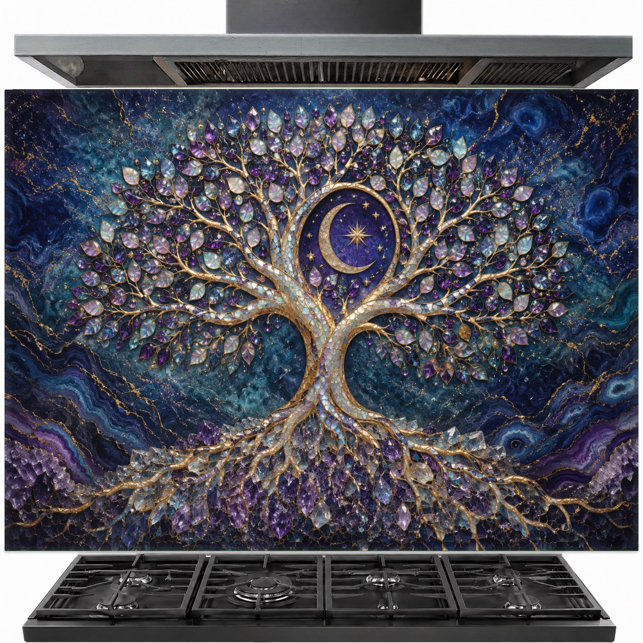 Cosmic Tree tempered glass backsplash installed behind a modern gas stove in a contemporary kitchen.