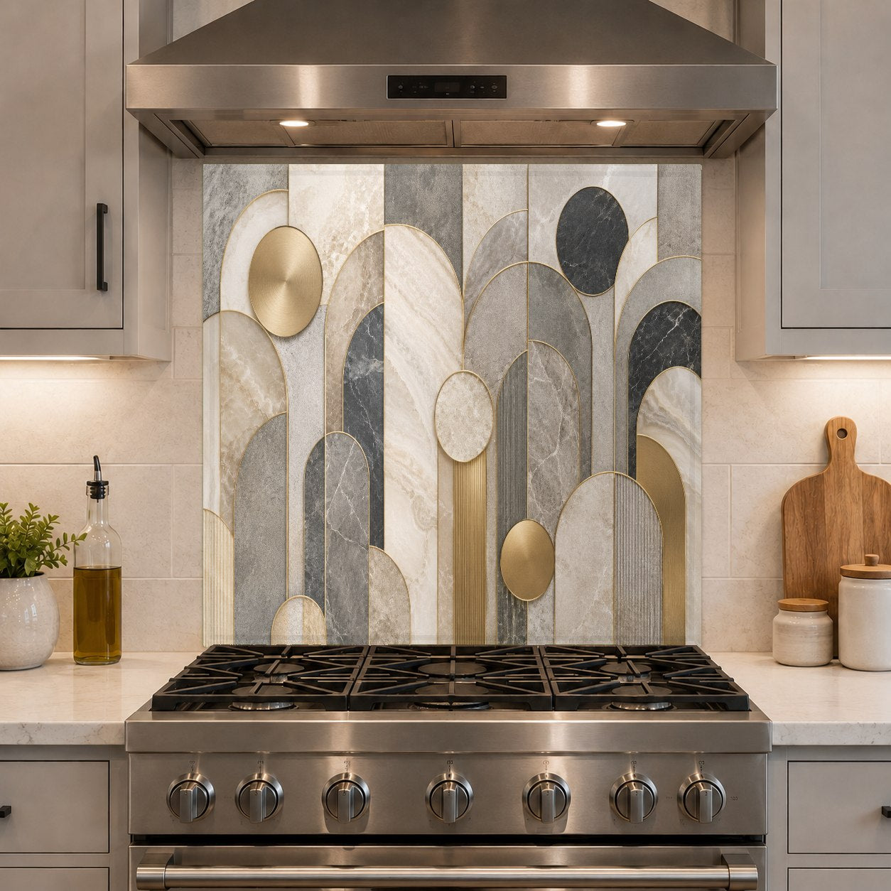 Heat resistant marble design glass backsplash protecting kitchen wall