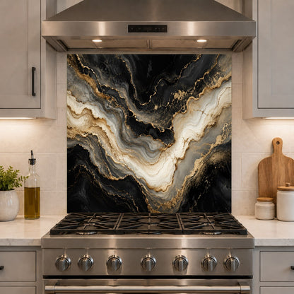 Durable heat-resistant glass backsplash with gold marble pattern installed behind a professional range.