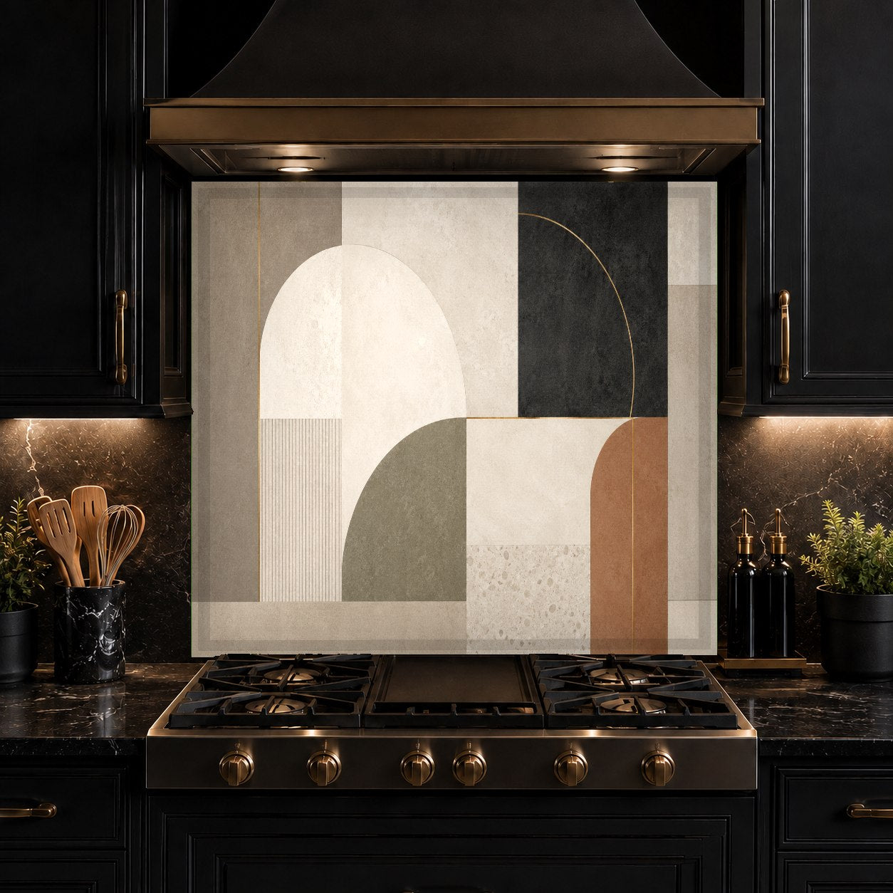 Seamless glass backsplash panel with urban geometric design behind a modern range
