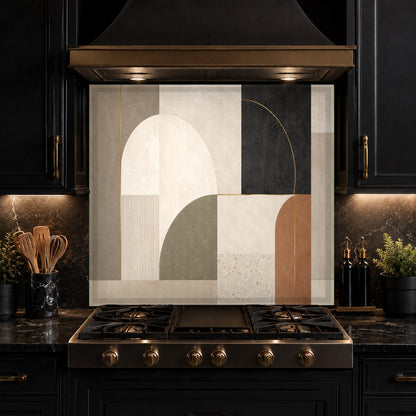 Seamless glass backsplash panel with urban geometric design behind a modern range