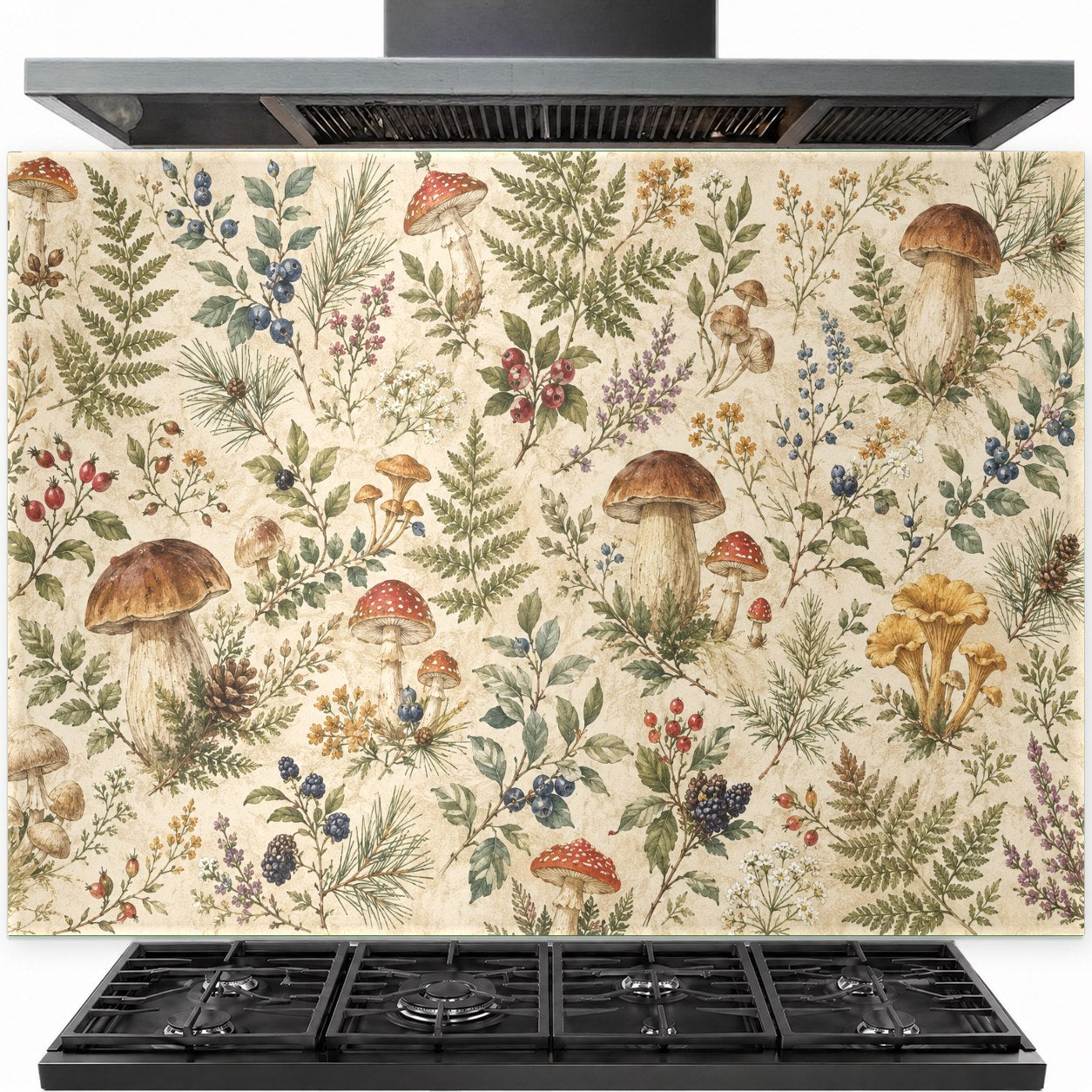 Botanical Garden tempered glass backsplash panel installed behind a modern gas stove in a bright white kitchen.