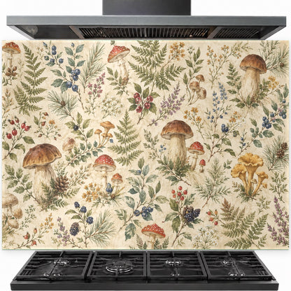 Botanical Garden tempered glass backsplash panel installed behind a modern gas stove in a bright white kitchen.
