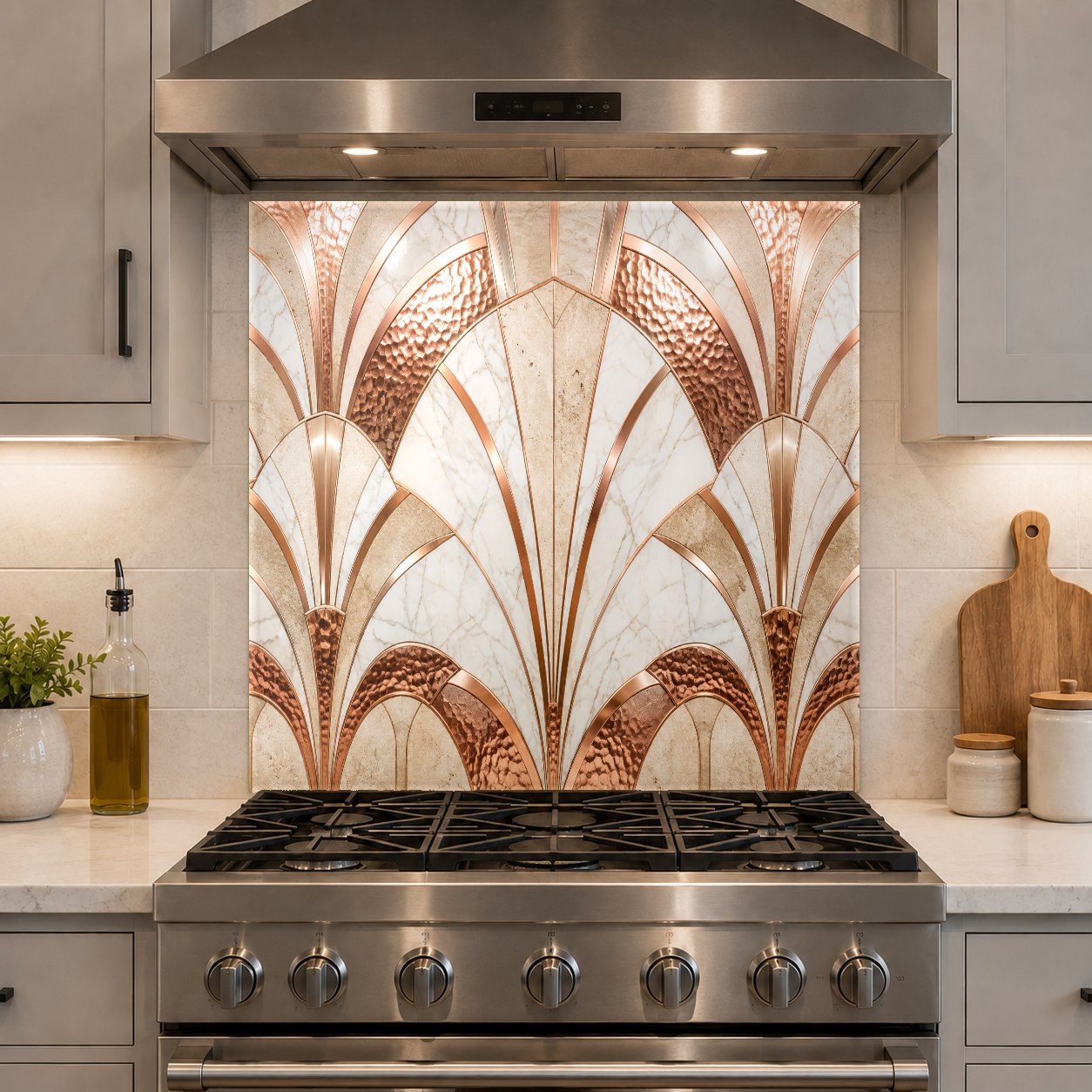 Close-up of the heat-resistant tempered glass backsplash showing vibrant metallic copper details