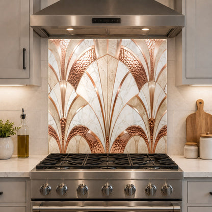 Close-up of the heat-resistant tempered glass backsplash showing vibrant metallic copper details