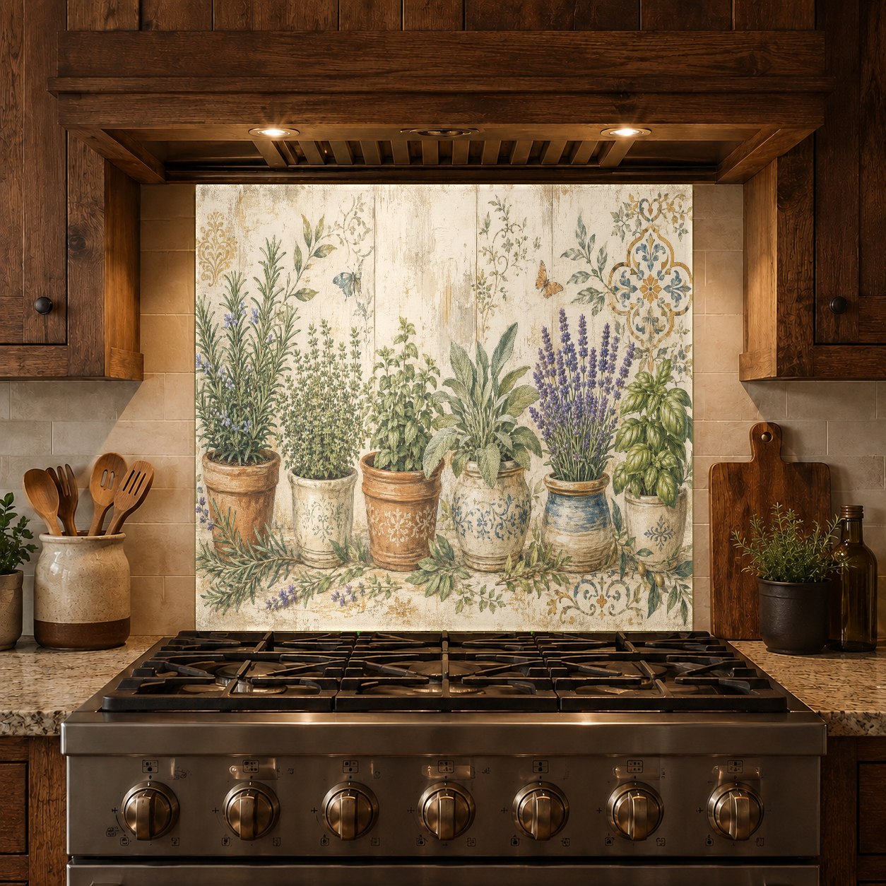 Durable and easy-to-clean pot flowers tempered glass kitchen backsplash installed over existing tile.