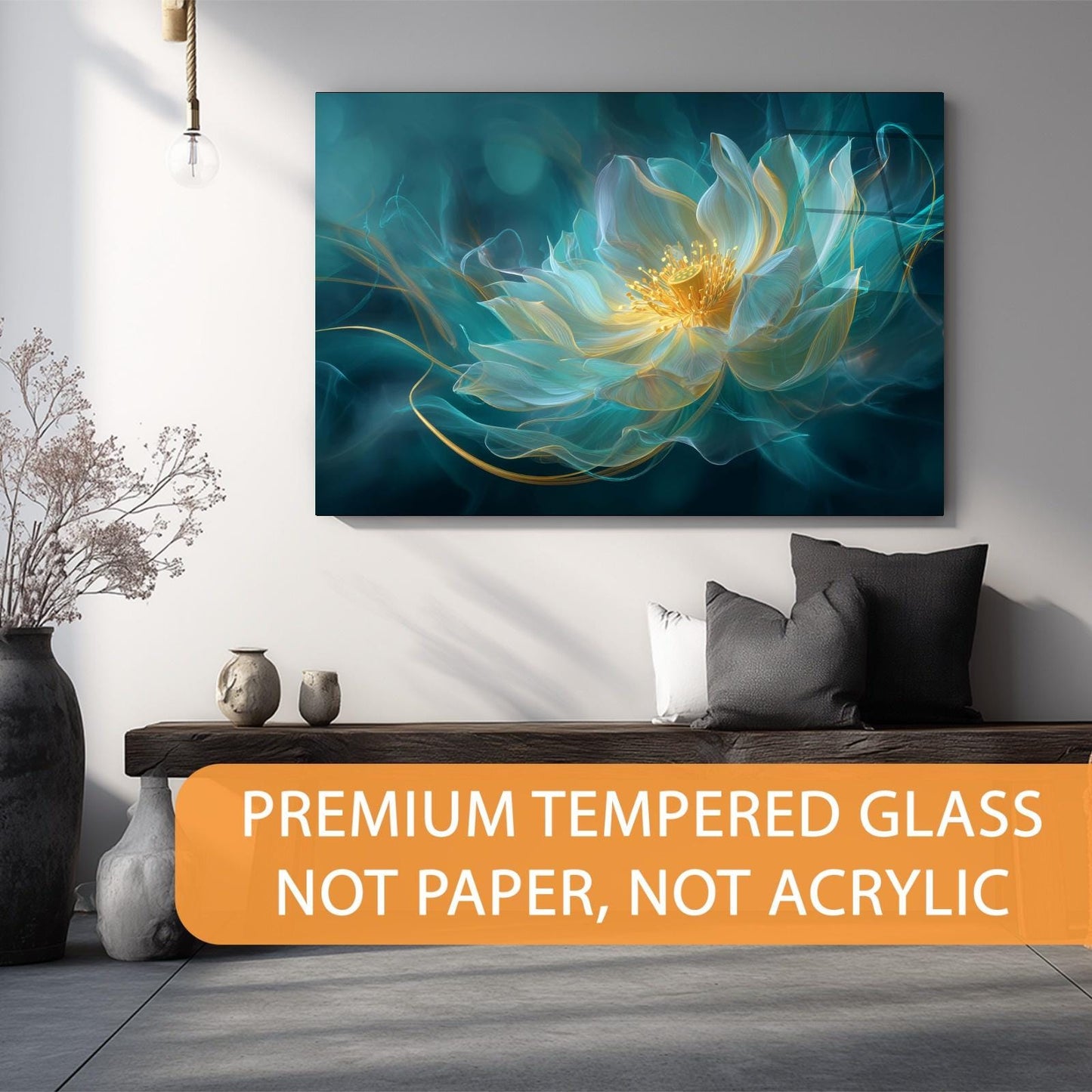 Modern living room with a large abstract flower painting on the wall, featuring premium tempered glass.