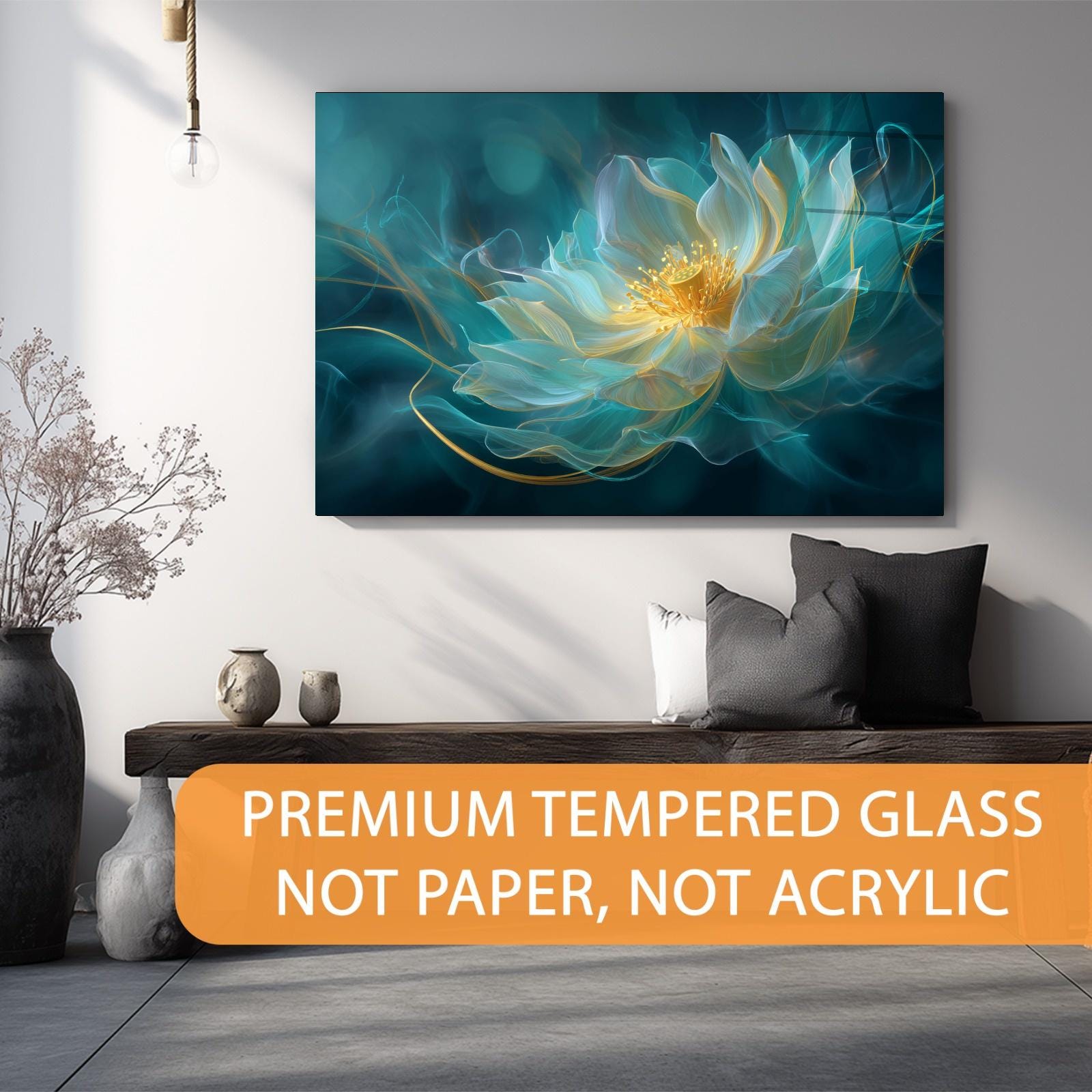 Modern living room with a large abstract flower painting on the wall, featuring premium tempered glass.
