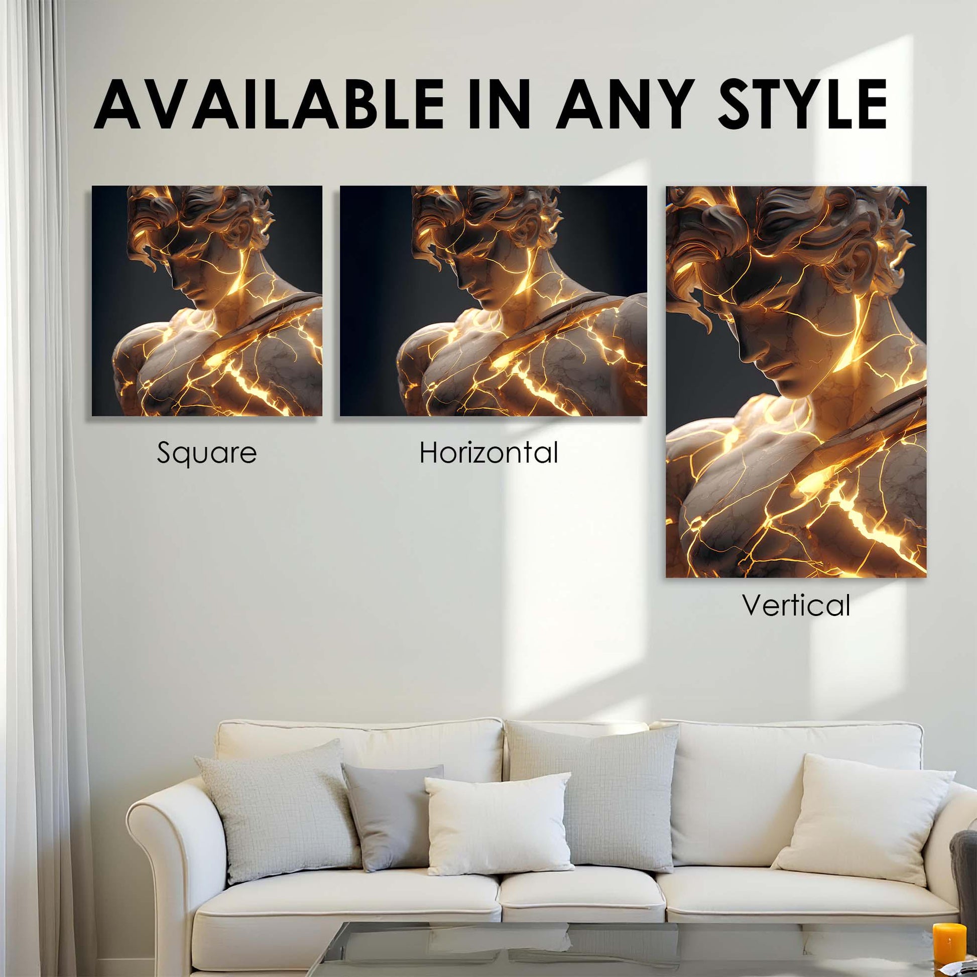 Three wall art pieces displayed on a wall above a sofa with text indicating availability in square, horizontal, and vertical styles.