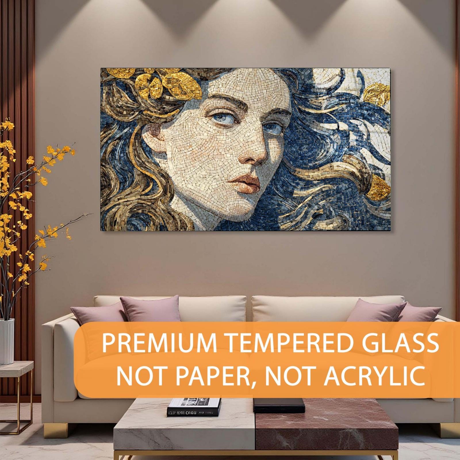 Living room with a mosaic artwork of a woman's face on the wall, featuring premium tempered glass.