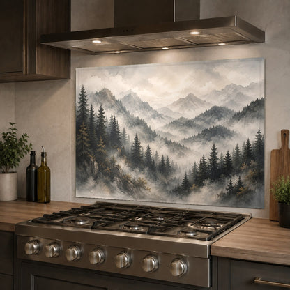 Hygienic glass backsplash with a foggy forest design behind a stainless steel kitchen sink.