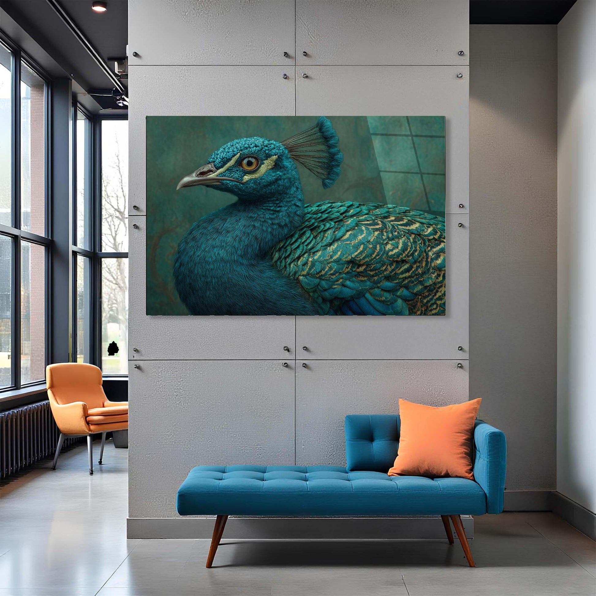 Modern interior with a peacock painting on the wall, blue bench, and orange chair.
