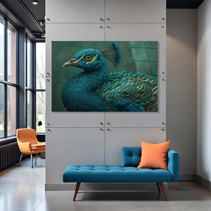 Modern interior with a peacock painting on the wall, blue bench, and orange chair.