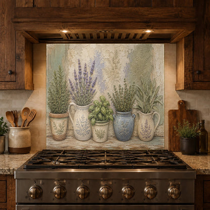 Custom sized pot flowers glass kitchen panel installed in a contemporary home