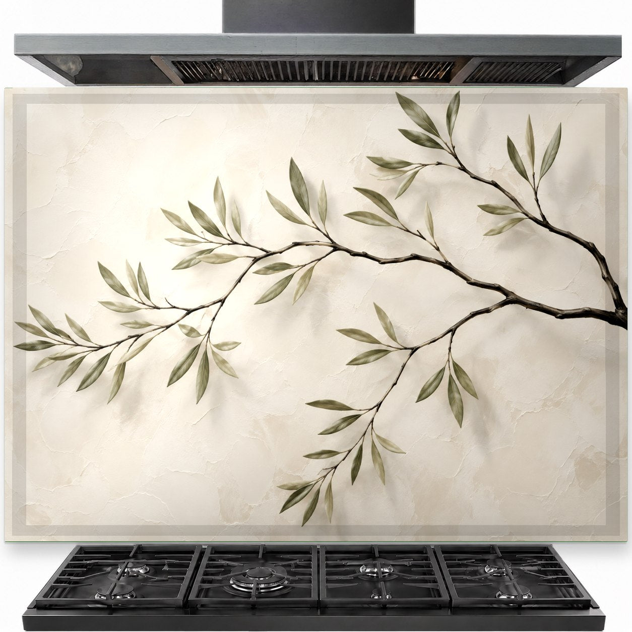Tree branches tempered glass backsplash installed behind a stainless steel gas stove