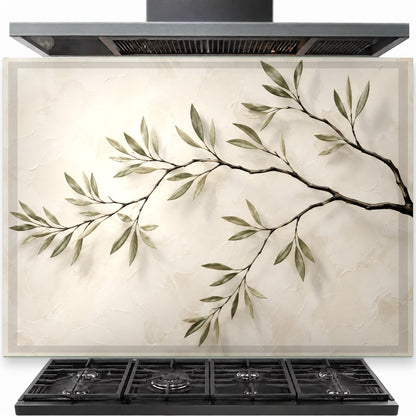 Tree branches tempered glass backsplash installed behind a stainless steel gas stove
