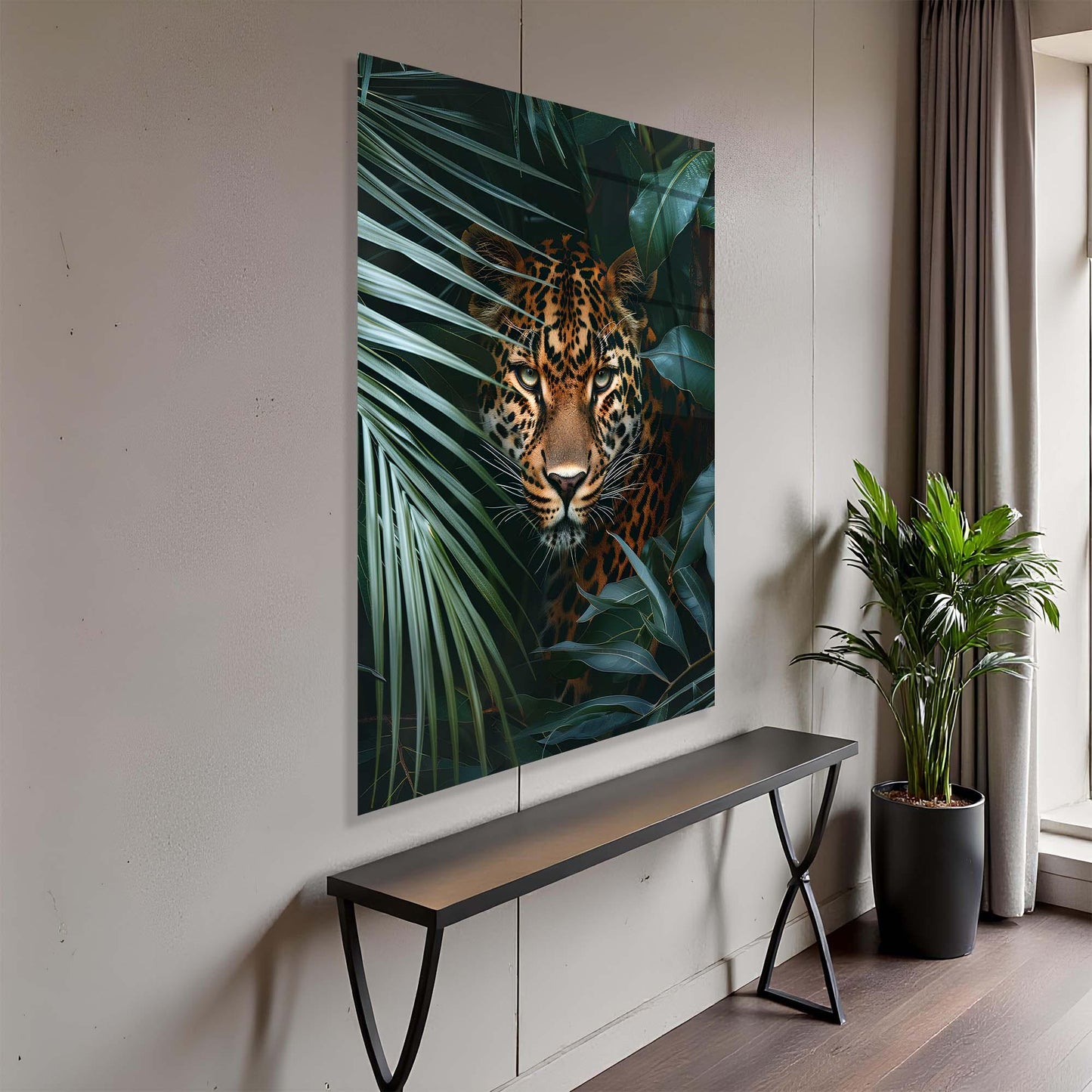 Tiger artwork on a wall in a modern interior setting with a bench and plant.