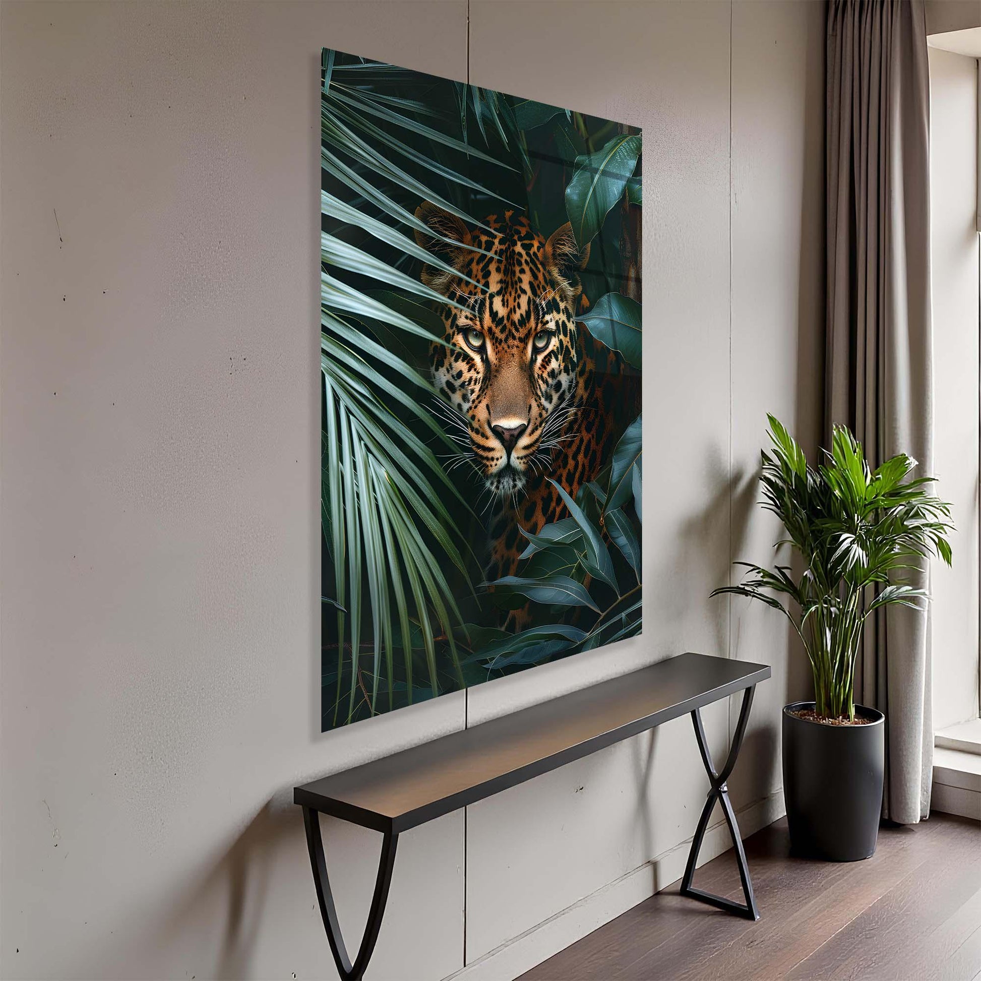 Tiger artwork on a wall in a modern interior setting with a bench and plant.