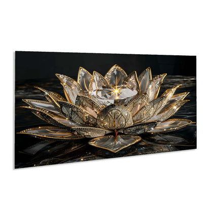 Decorative crystal lotus flower on a reflective surface with a dark background