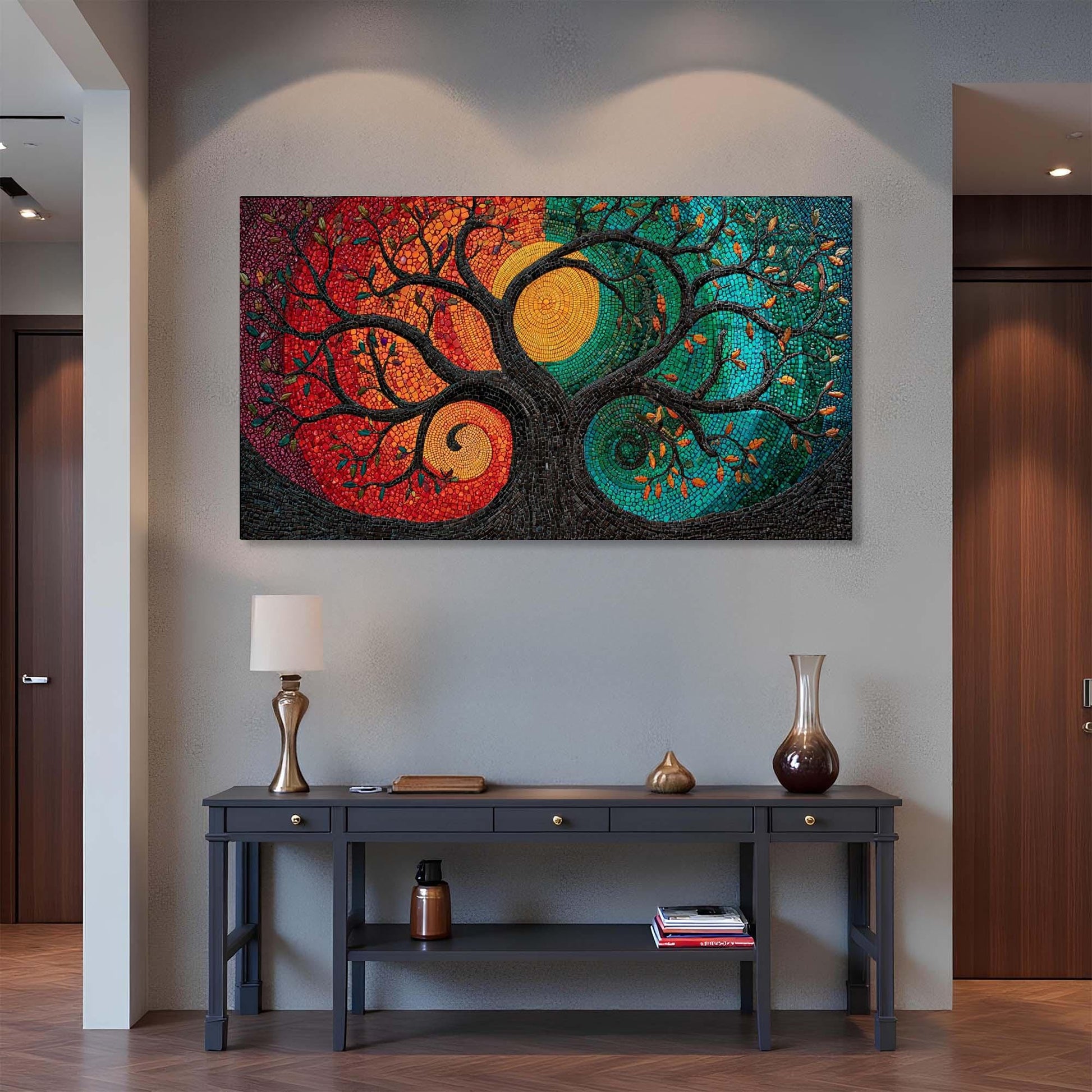 Colorful abstract tree of life painting on a wall above a dark wooden console table.