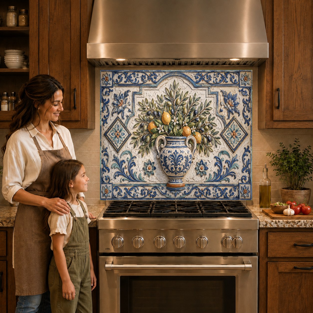 Citrus tile look glass backsplash panel mounted over a kitchen cooktop