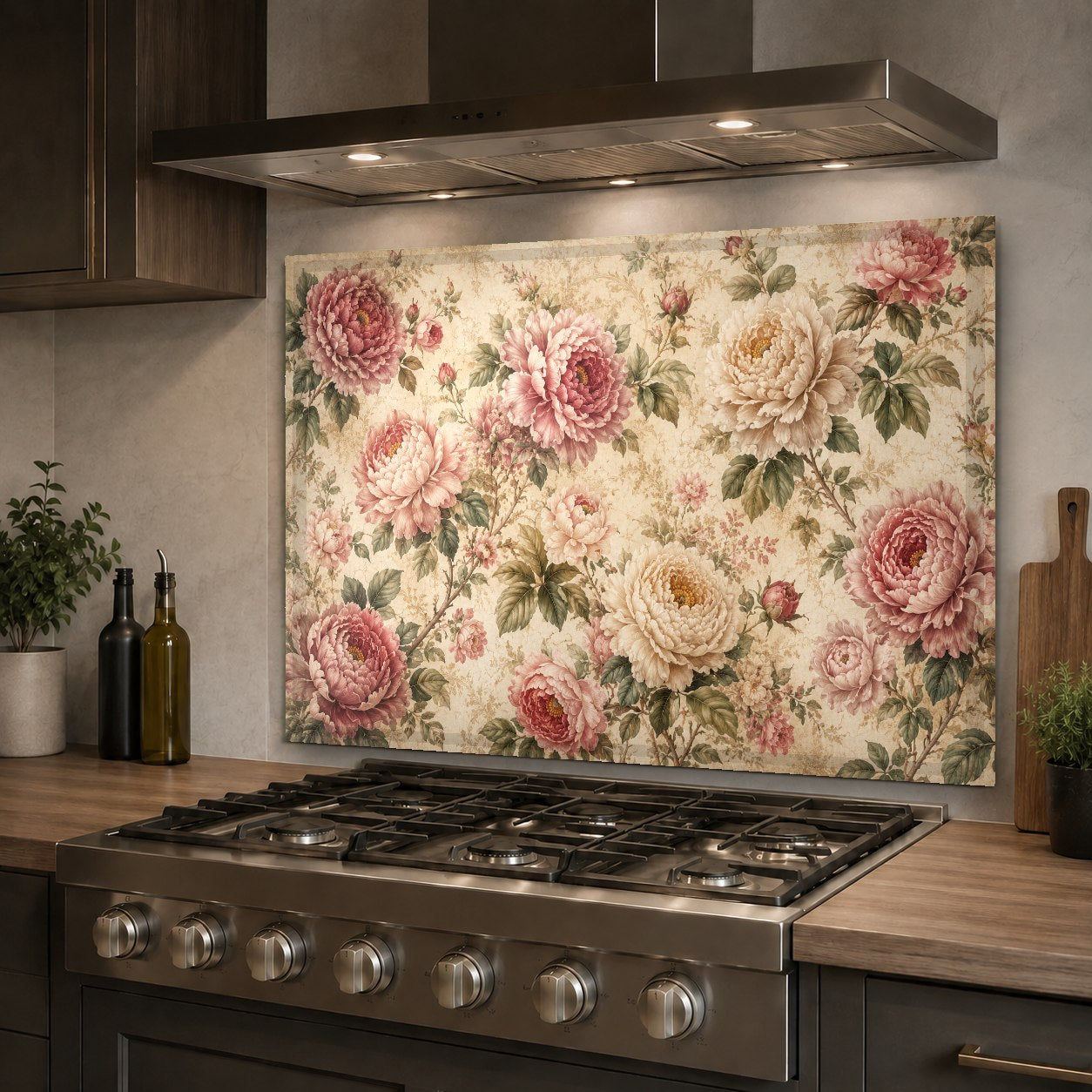 Close-up of the high-gloss, heat-resistant glass stove guard featuring elegant vintage botanical roses.