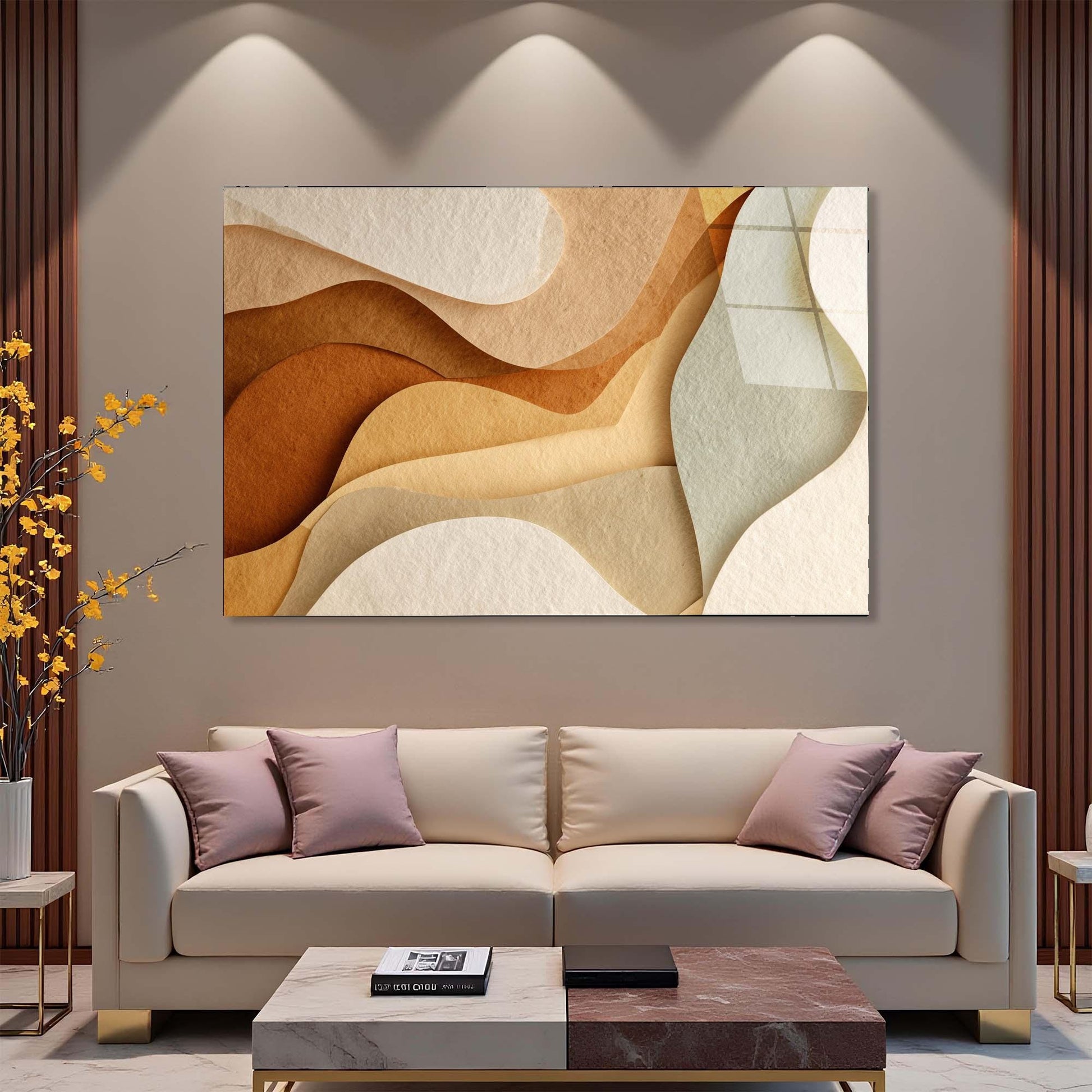 Modern living room with a beige sofa, abstract wall art, and decorative elements.