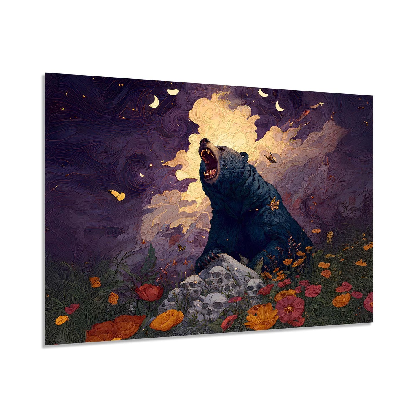 Artistic depiction of a bear in a fantasy landscape with flowers and clouds.