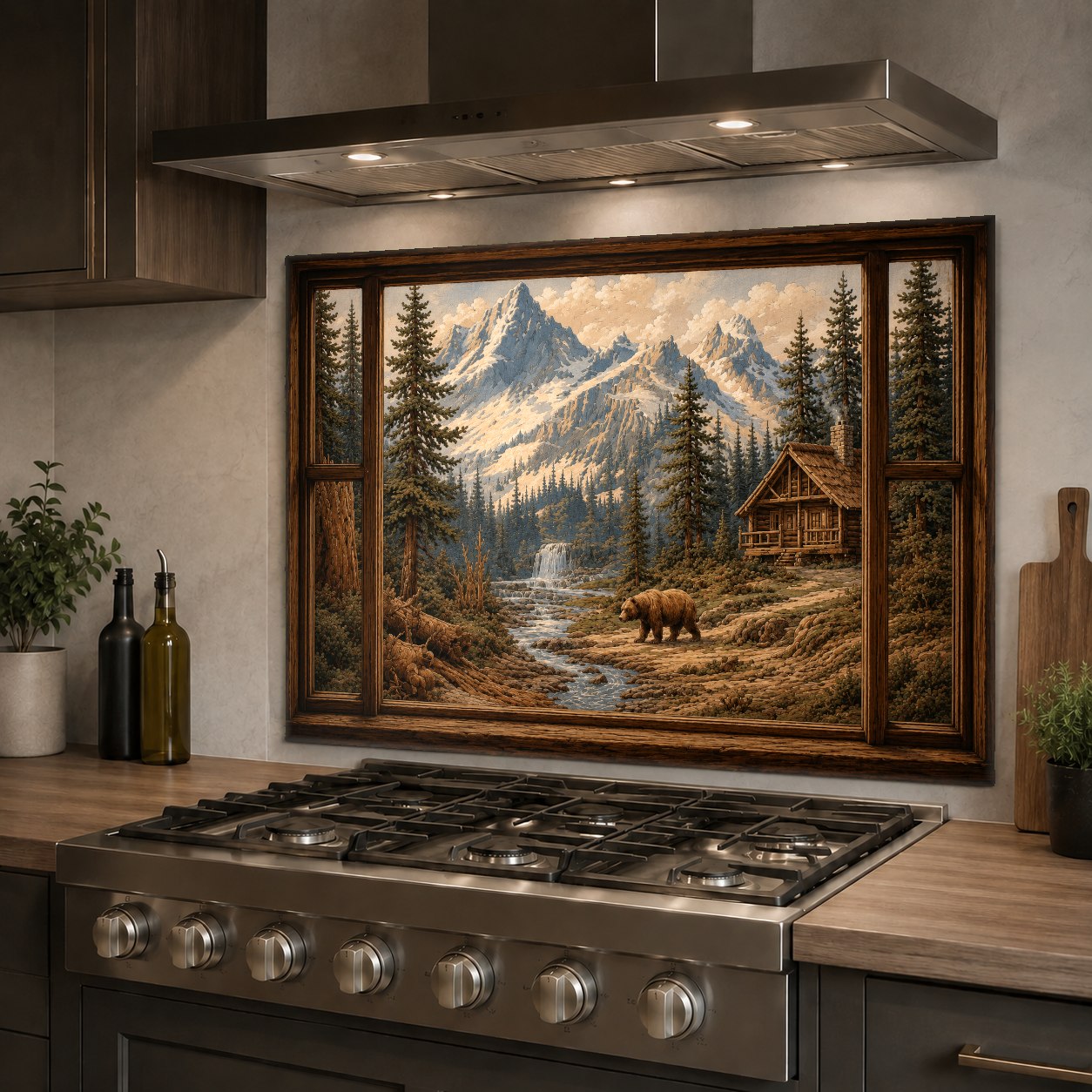 Heat-resistant glass backsplash featuring a forest bear scene behind a range