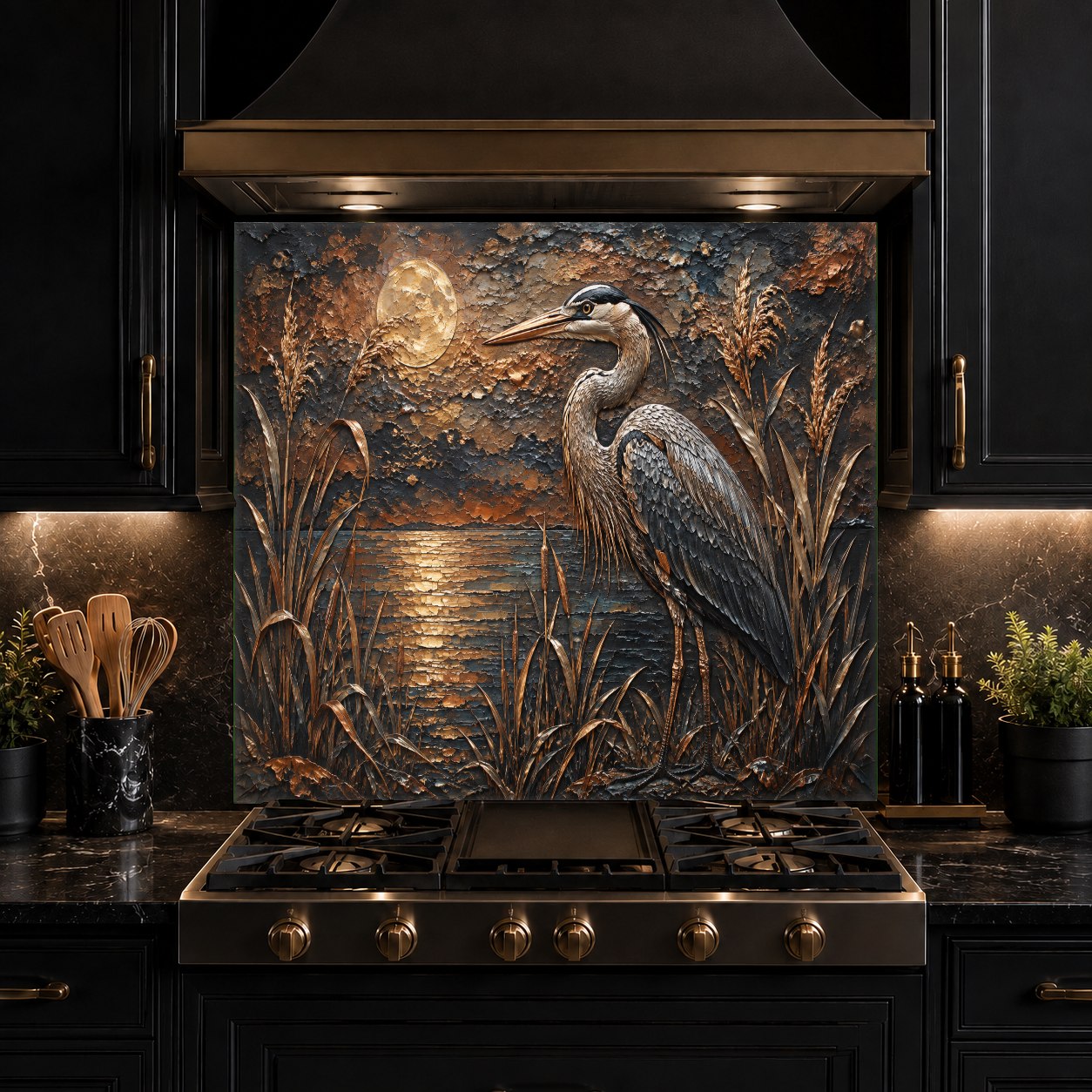 Custom-sized glass backsplash featuring a stunning moonlit heron print, adding depth and elegance to a luxury kitchen.