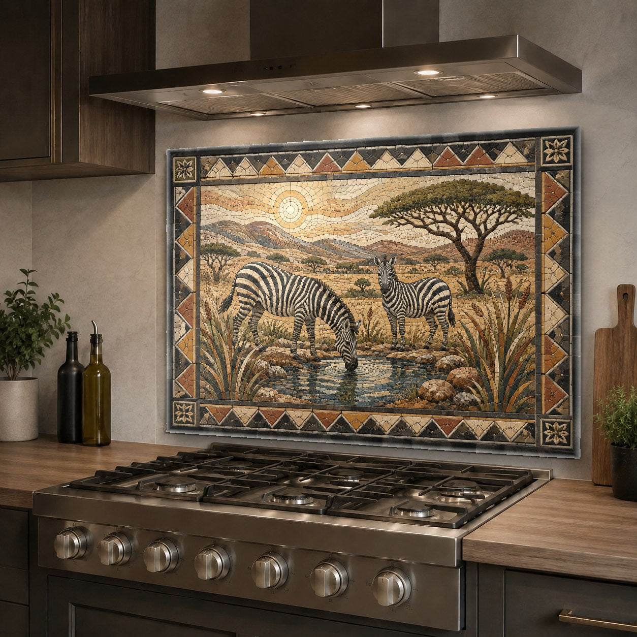 Zebra print heat resistant glass backsplash installed in a luxury kitchen