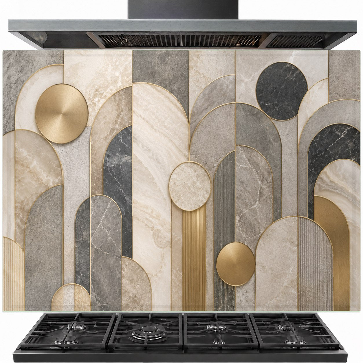 Marble arches tempered glass backsplash installed behind a modern gas stove