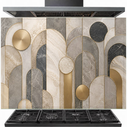 Marble arches tempered glass backsplash installed behind a modern gas stove
