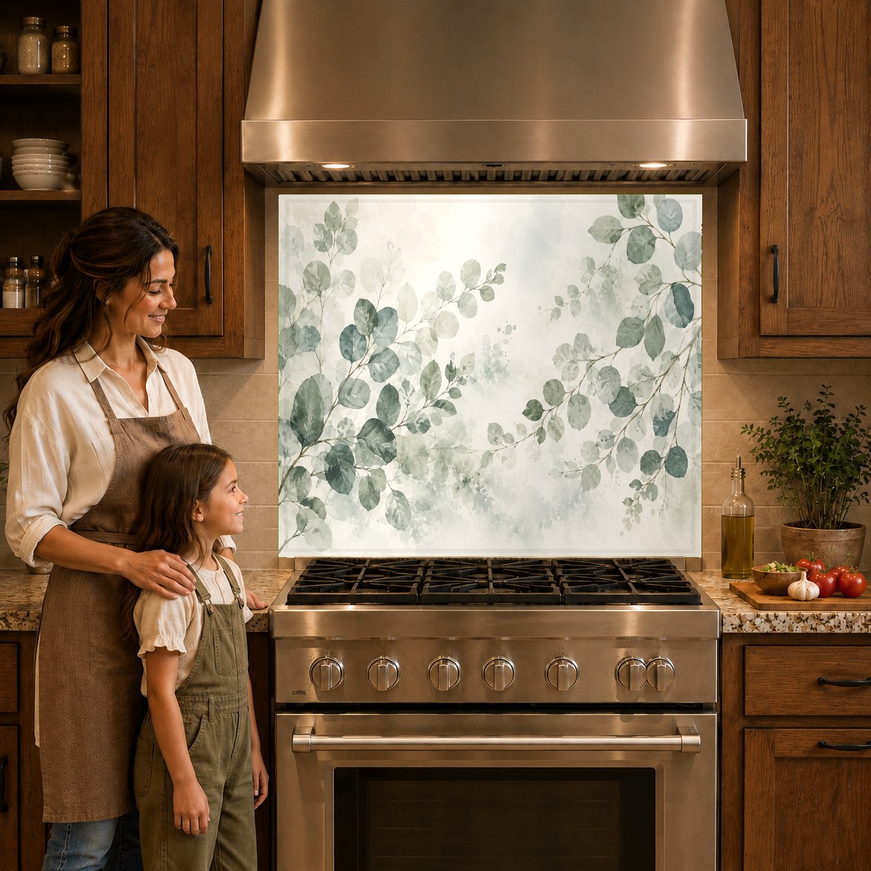 Botanical eucalyptus glass backsplash protecting the wall behind a sleek induction cooktop with wooden countertops.