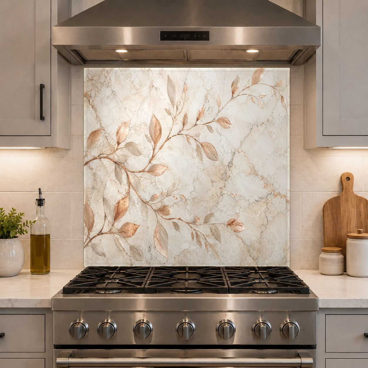 Modern home bar featuring a copper branches tempered glass backsplash panel under warm LED cabinet lighting.