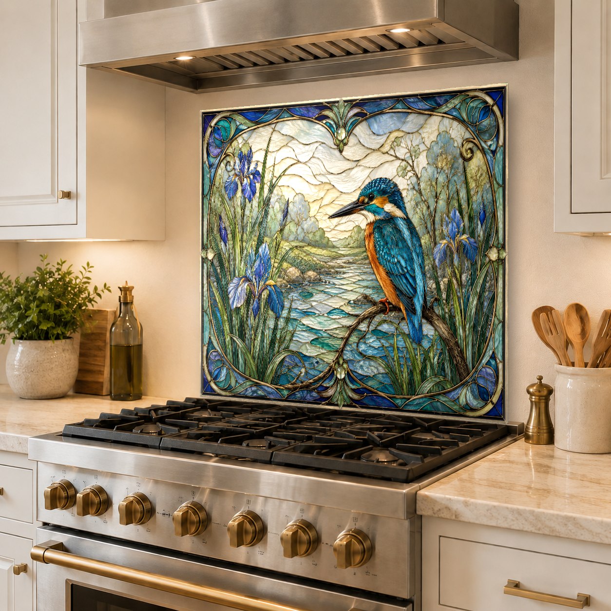 Seamless glass kitchen backsplash panel reflecting natural lighting