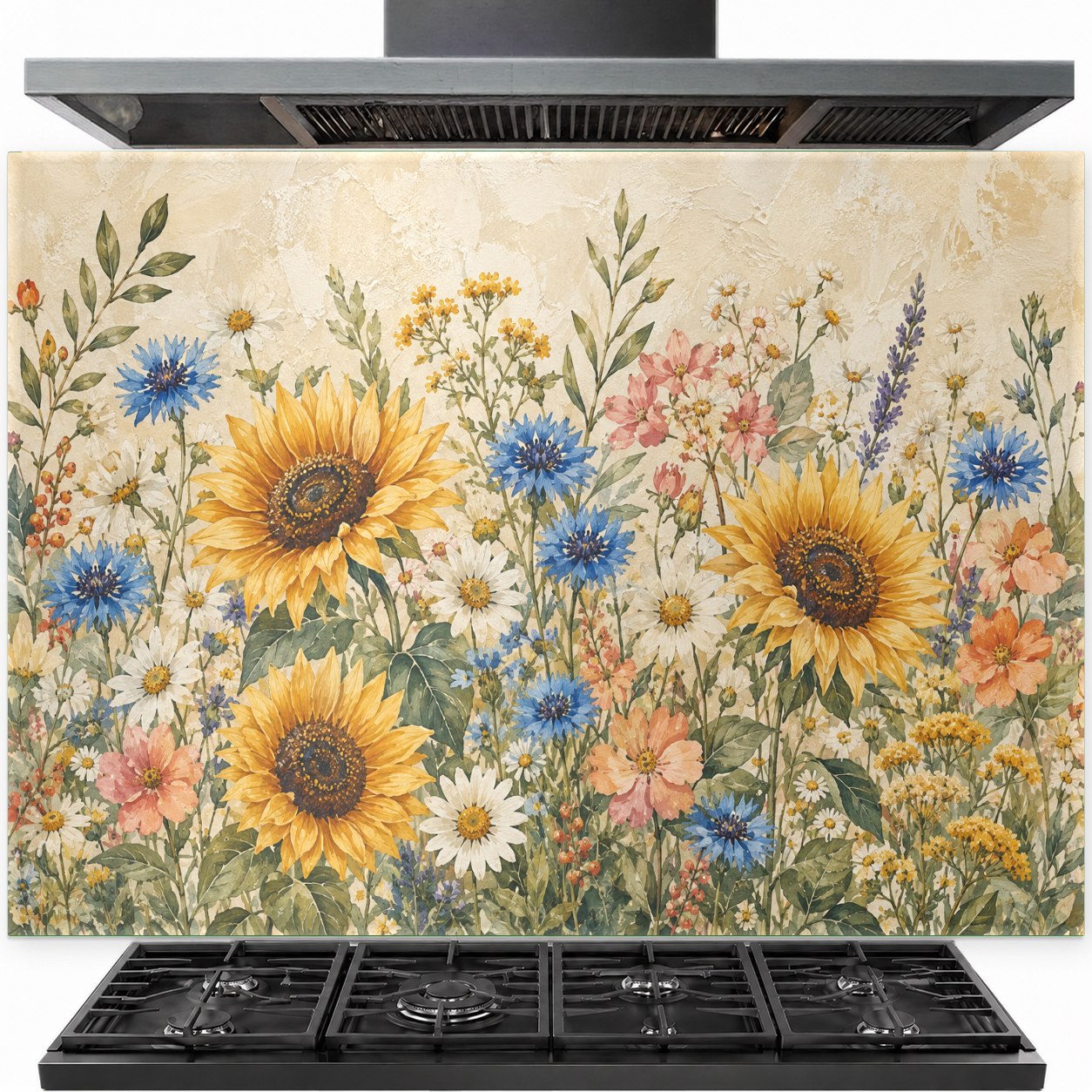 Vibrant sunflower tempered glass backsplash panel installed behind a modern gas stove in a farmhouse kitchen.