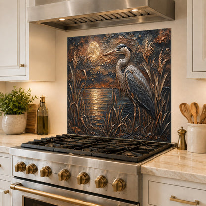 Easy-to-clean tempered glass backsplash panel with a nature-inspired heron motif behind a sleek kitchen island stove.