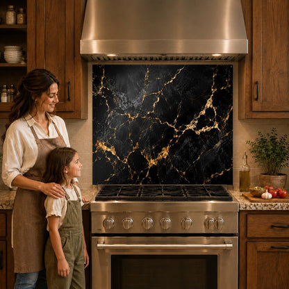 Elegant black marble kitchen backsplash panel mounted on a white quartz countertop behind a cooktop.