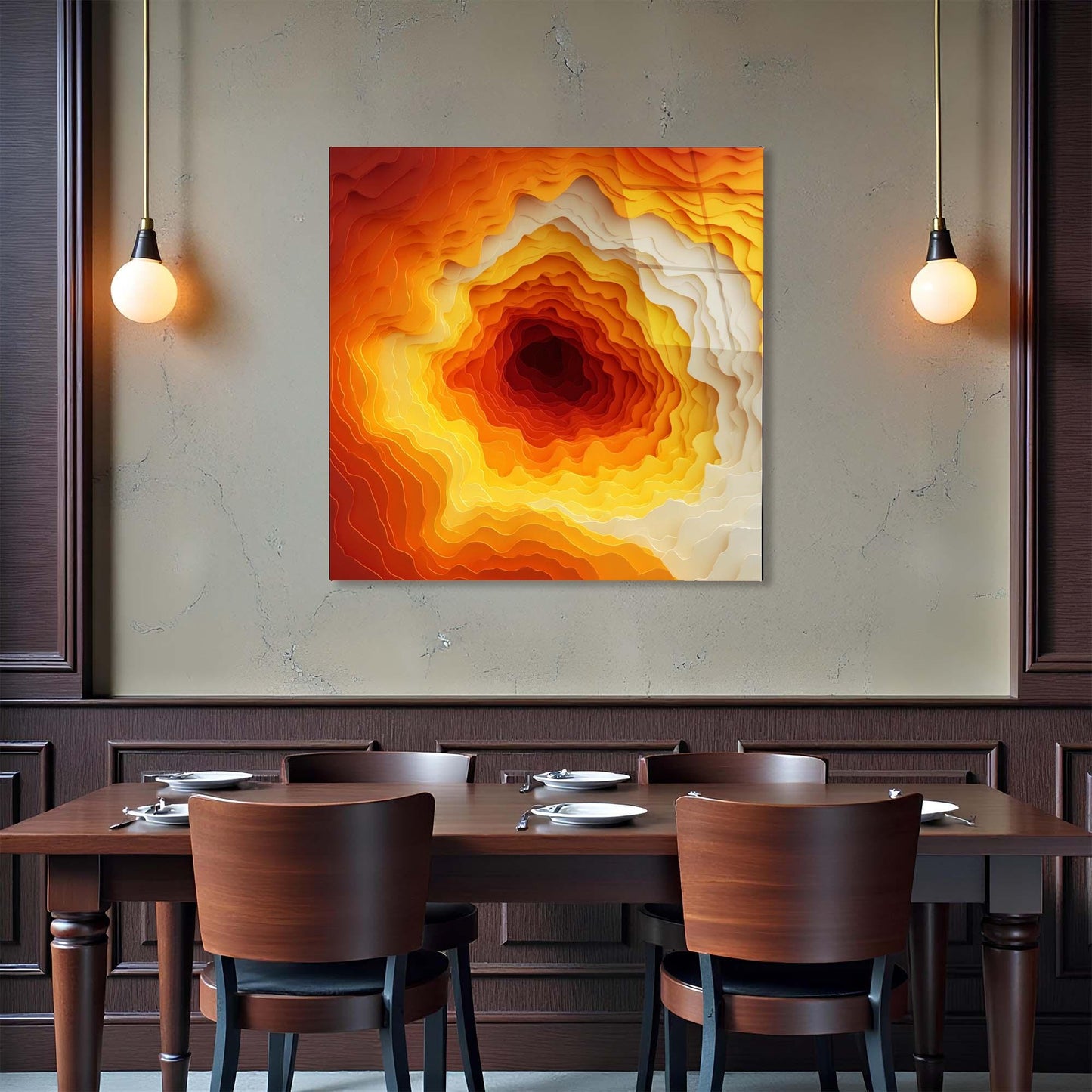 Dining room with a large abstract painting on the wall, two pendant lights, and a wooden table with chairs.