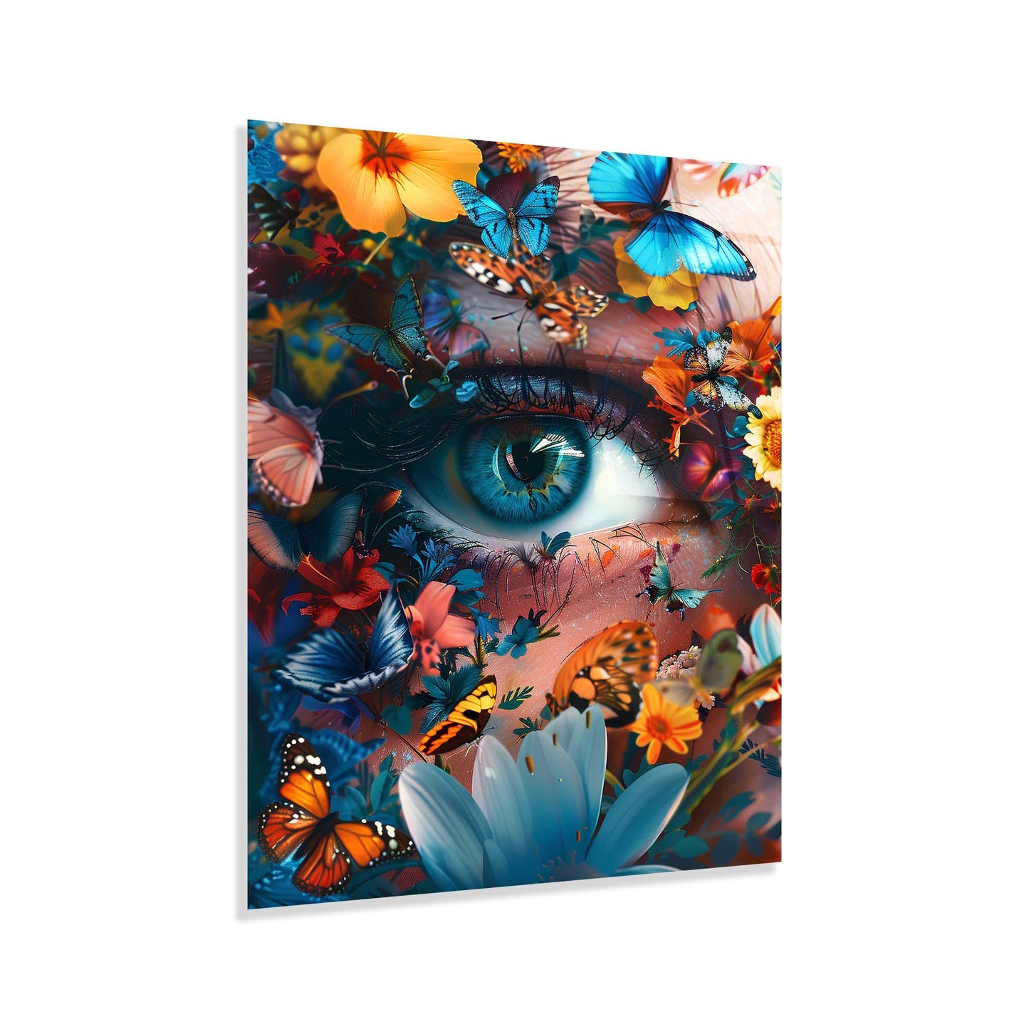 Artistic depiction of a eye surrounded by colorful butterflies and flowers on a white background