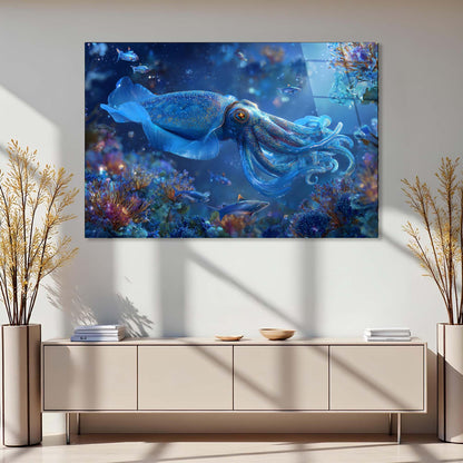 Large underwater scene painting of a squid on a wall above a light-colored cabinet.