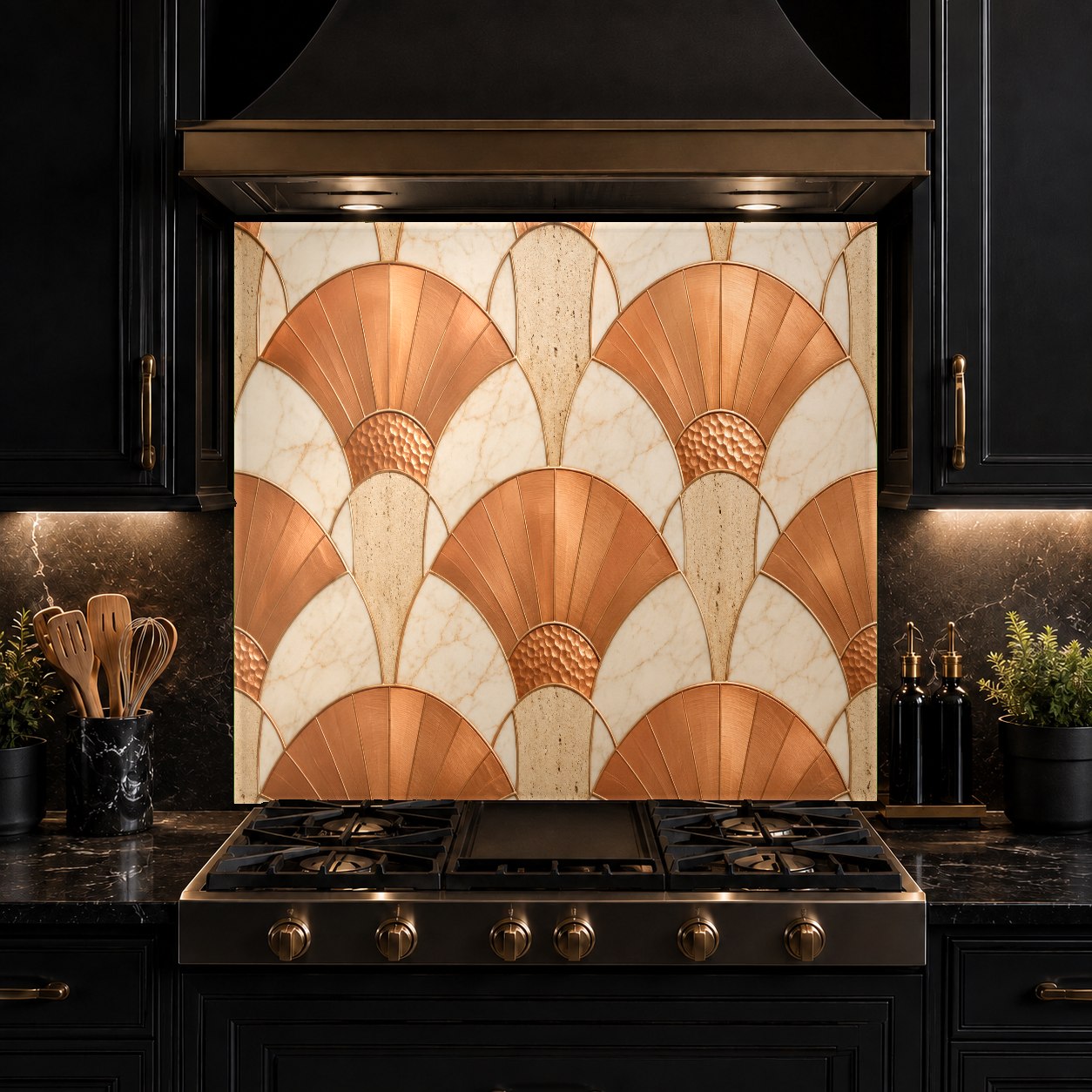 Beautifully lit kitchen interior featuring a heat-resistant copper abstract glass stove guard behind a stove.