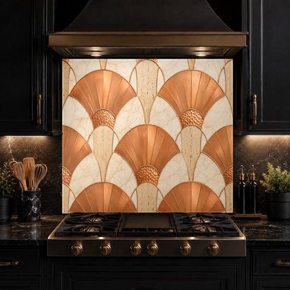 Beautifully lit kitchen interior featuring a heat-resistant copper abstract glass stove guard behind a stove.