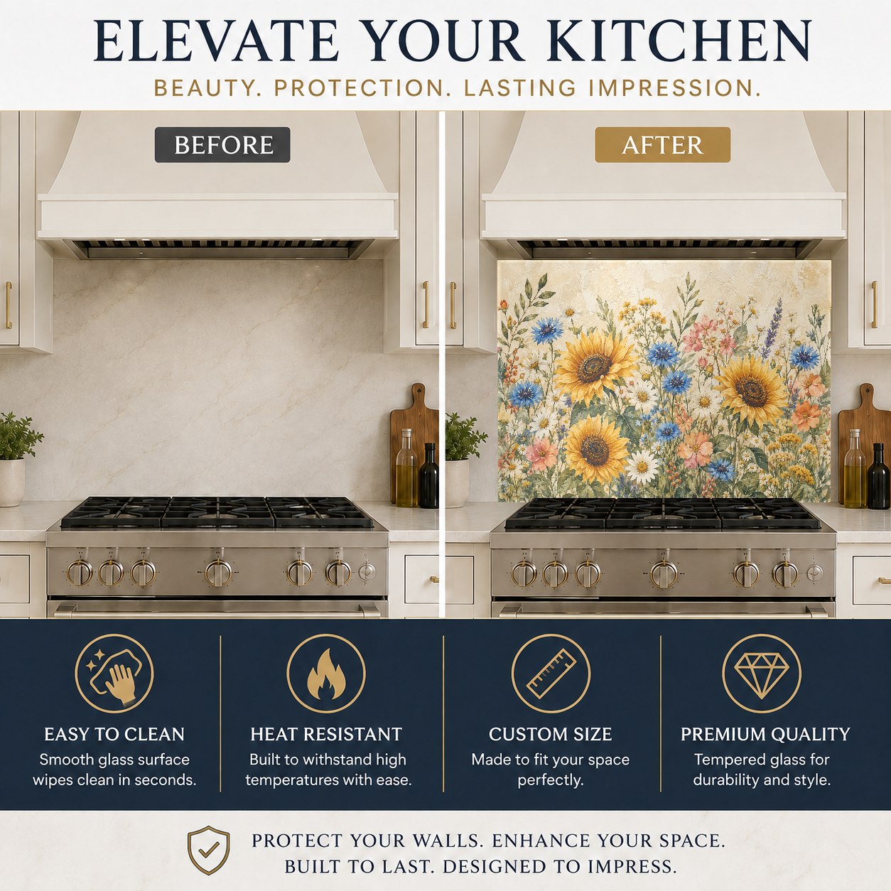 Sunny yellow sunflower kitchen glass panel mounted on the wall behind a farmhouse sink with rustic fixtures.