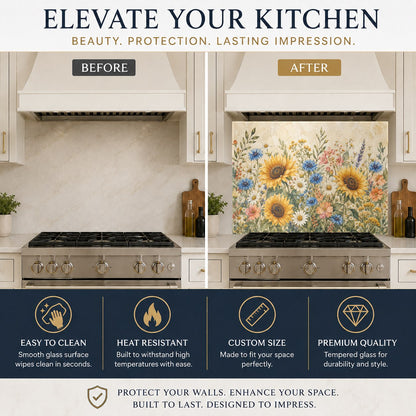 Sunny yellow sunflower kitchen glass panel mounted on the wall behind a farmhouse sink with rustic fixtures.